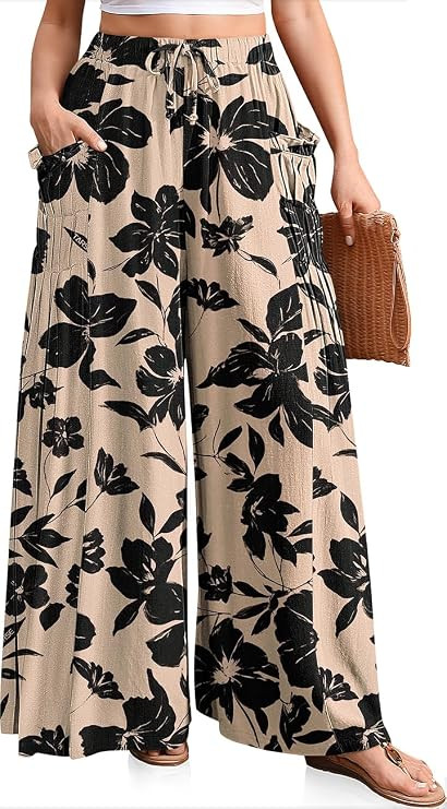 TARSE Women's Wide Leg Linen Pants Flowy Casual Palazzo Trousers | Elastic Drawstring Loose Fit, ... | Amazon (US)