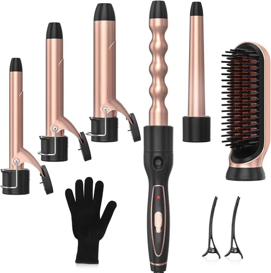 Curling Iron, 6 in 1 Curling Wand Set with Hair Straightener Brush, Professional Hair Curler with... | Amazon (US)