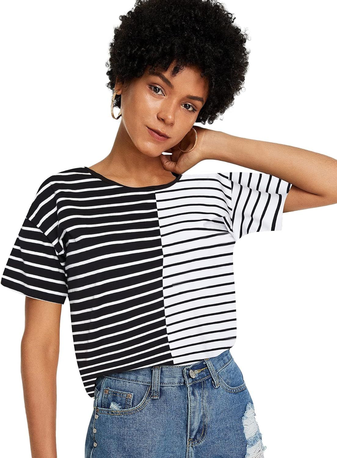 SheIn Women's Cute Colorblock Short Sleeve Crewneck Tops Striped Tee T Shirts | Amazon (US)