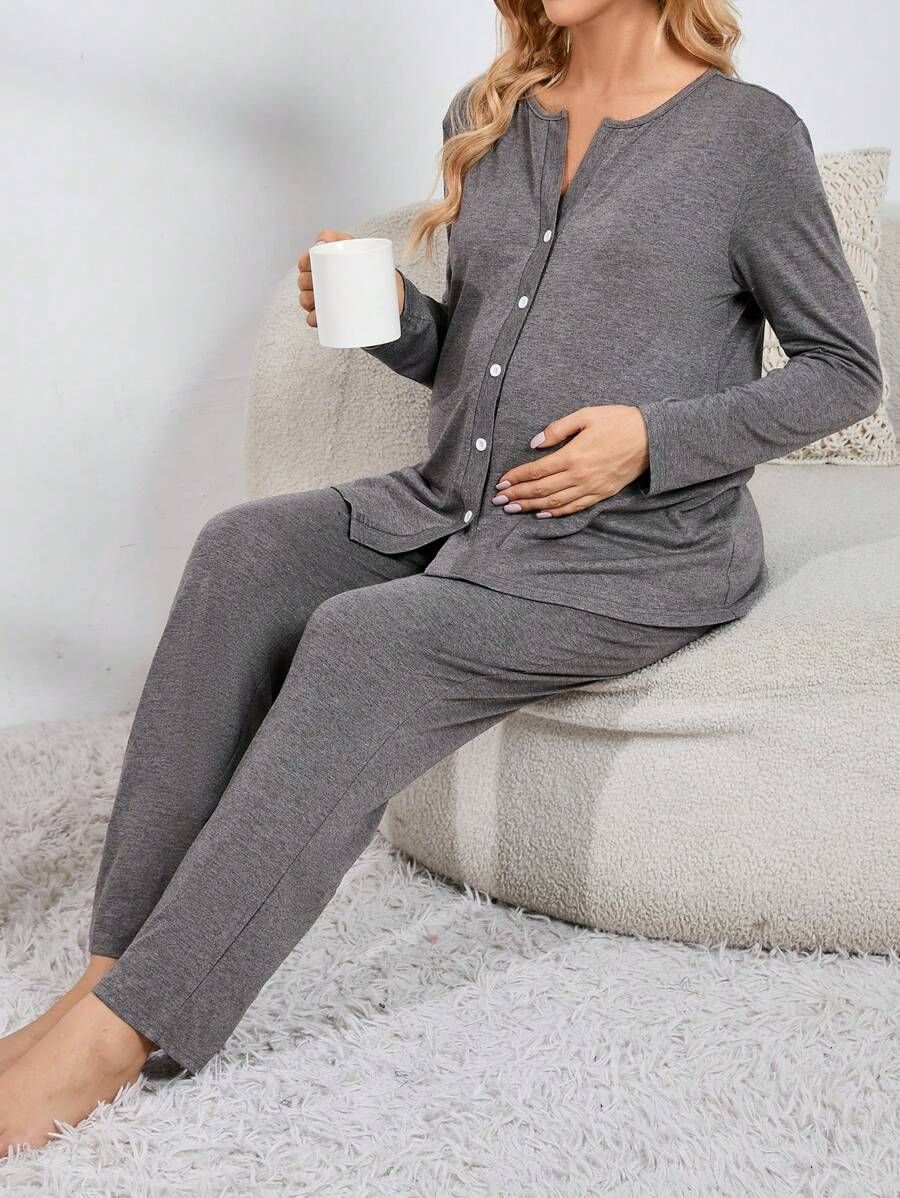 Shein Underwear&Sleepwear Maternity Maternity Button Front Lounge Set For Mother | SHEIN