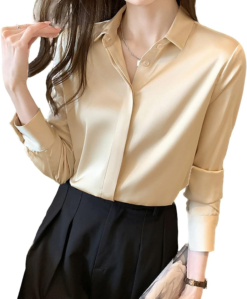 Women's Satin Blouse Fashion Long Sleeve Satin Silk Shirt Work Office Top Casual Shirt | Amazon (US)