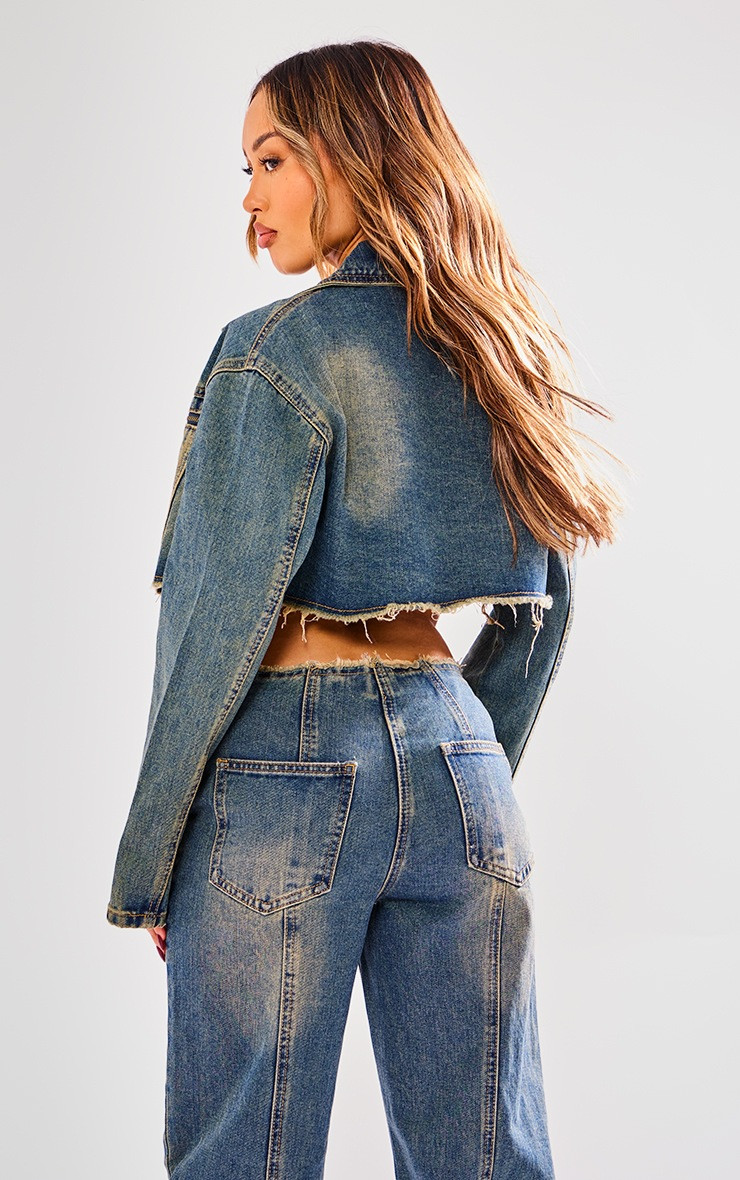 Petite Indigo Blue Wash Raw Hem Crop Denim Jacket | PrettyLittleThing US
