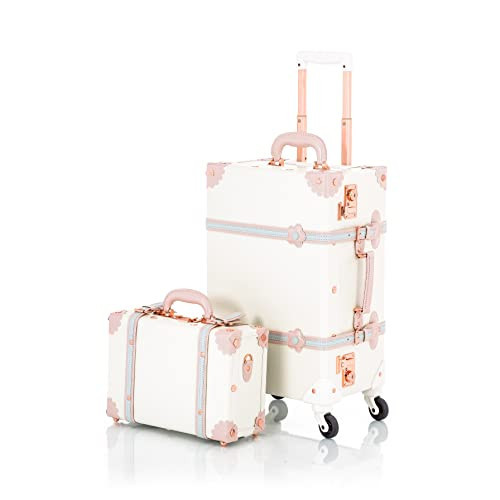 COTRUNKAGE Vintage Luggage Sets for Women, 2 Pieces Cute Carry On Suitcase with Spinner Wheels, Cream White | Amazon (US)