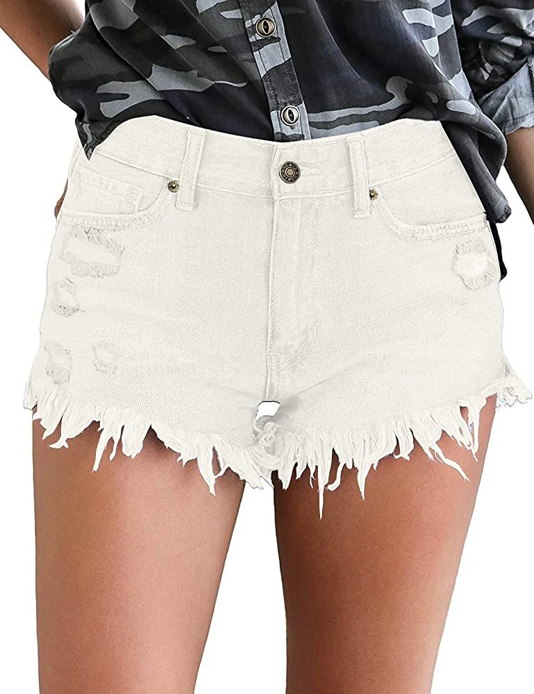 luvamia Women's Casual Denim Shorts Frayed Raw Hem Ripped Jeans Shorts | Amazon (US)