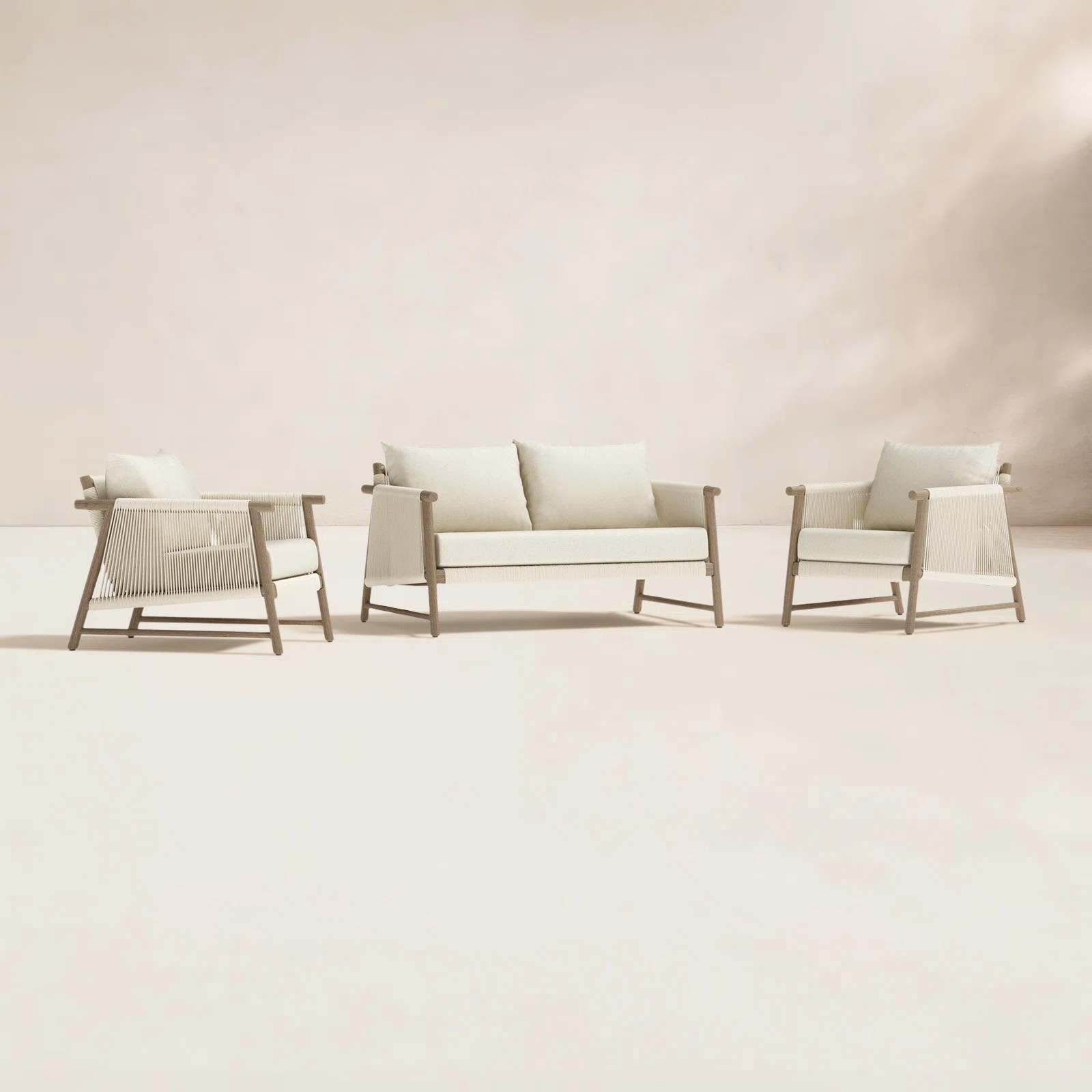 Naomie 3 Piece Acacia Wood Outdoor Patio Loveseat Set With Rope Wicker - Olefin Linen | Joss & Main