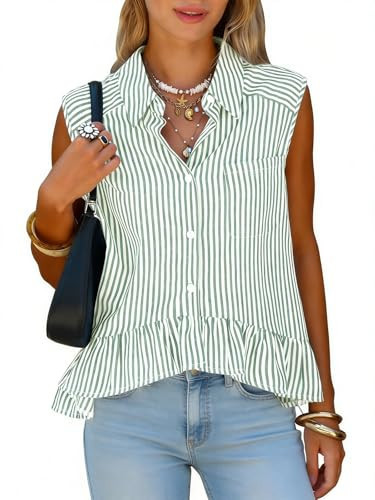 EXLURA Women Summer Top 100% Cotton Faux Linen Sleeveless Shirts Cropped Peplum Tops Casual Strip... | Amazon (US)