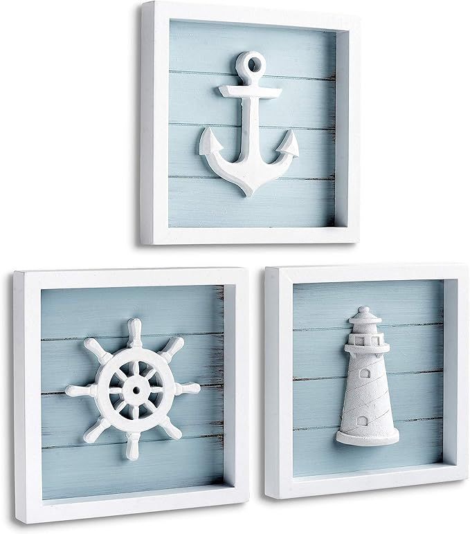 TideAndTales Nautical Wall Decor Set of 3 (7"x7") Rustic Beach Decor with 3D Anchor, Lighthouse a... | Amazon (US)