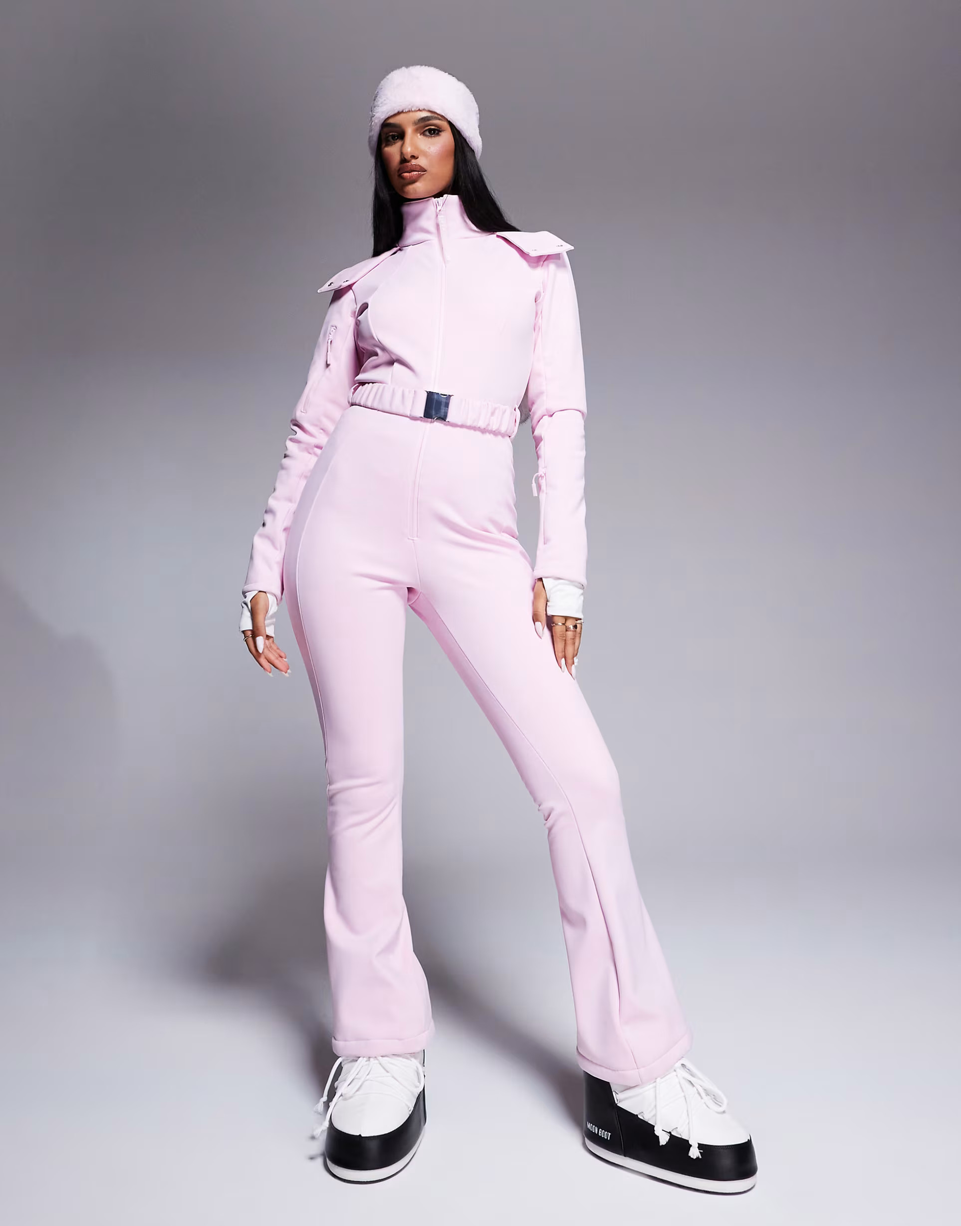 ASOS 4505 Ski belted ski suit with slim kick leg and faux fur hood in Pink | ASOS (Global)
