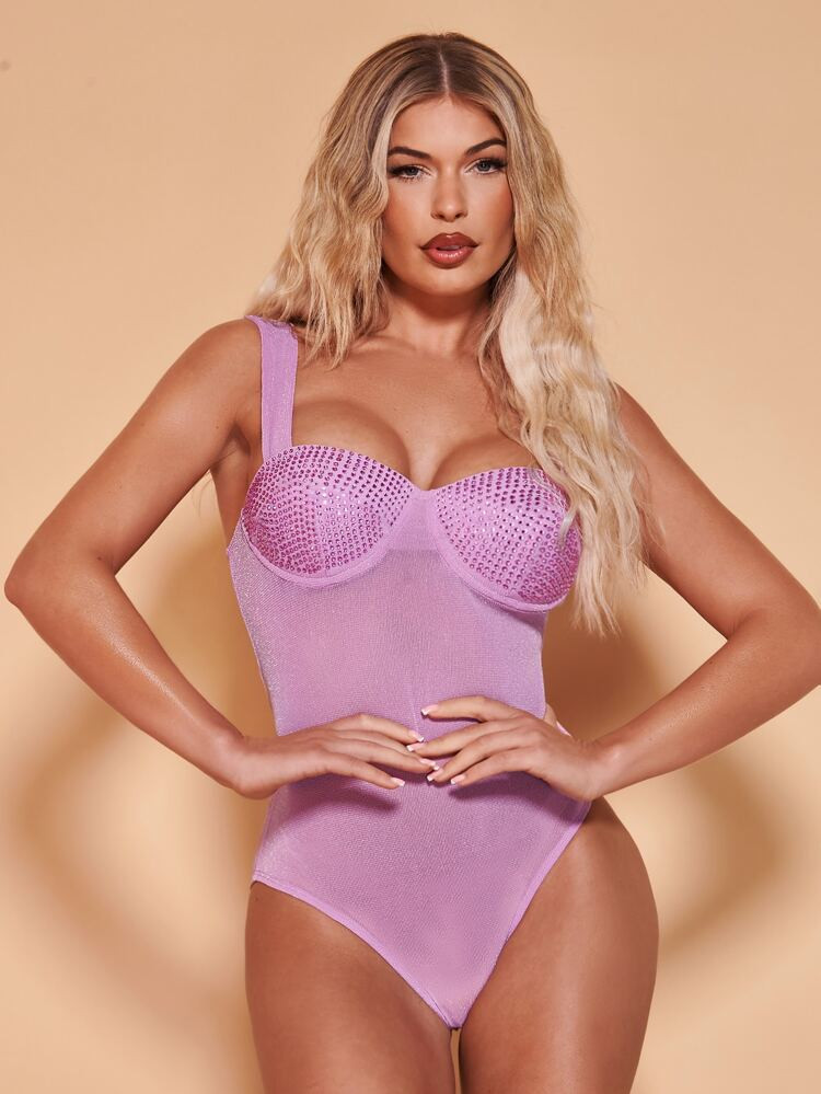 SHEIN BAE Rhinestone Detail Bustier Mesh Cami Bodysuit | SHEIN