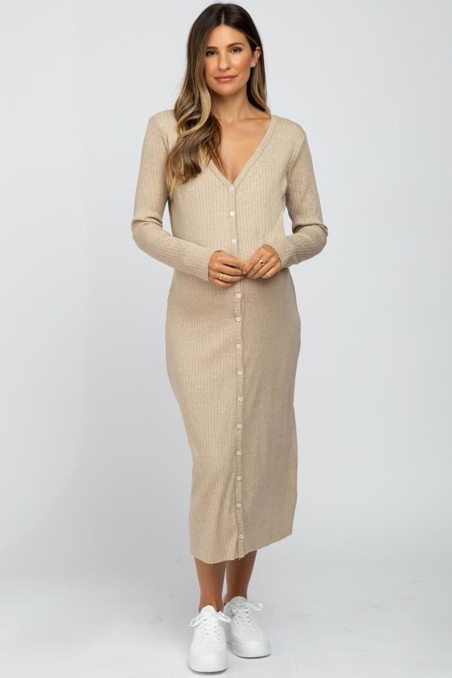 Beige Ribbed Button Front Midi Cardigan Maternity Dress | PinkBlush Maternity