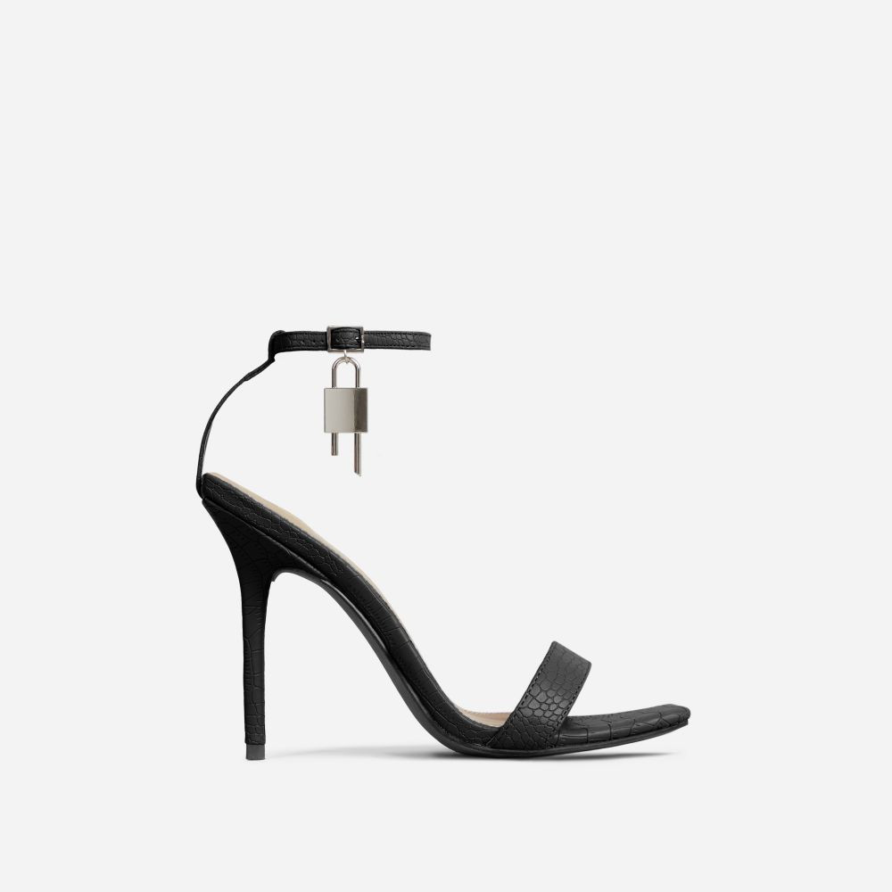 Sunak Padlock Detail Square Toe Stiletto Heel In Black Croc Print Faux Leather | EGO Shoes (US & Canada)