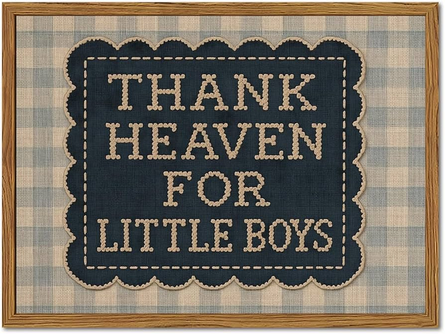 Framed Thank Heaven for Little Boys Wall Art, Baby Boy Nursery Wall Decor, Vintage Blue Gingham I... | Amazon (US)