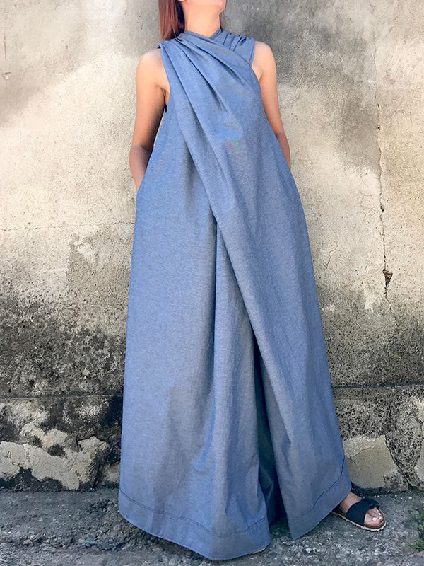 KYCOZY Loose Sleeveless Solid Color Split-Joint V-Neck Jumpsuits - BLUE / M | Shop.app