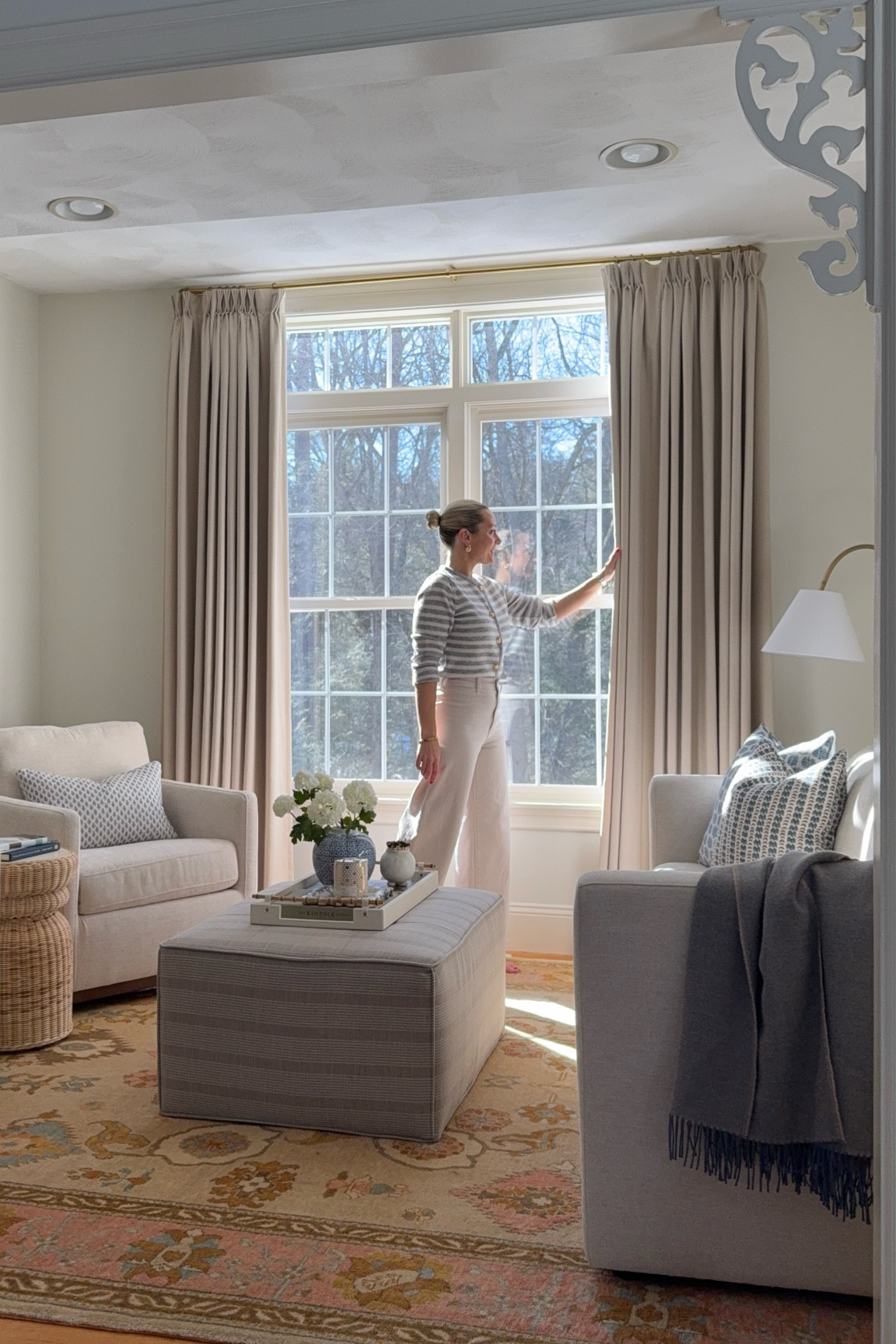 Spring outfit, living room, cream sofa, cream swivel, rattan side table, curtains 

#LTKStyleTip #LTKHome #LTKSaleAlert