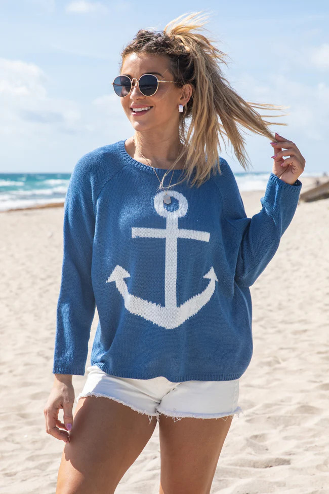 Anchors Aweigh Blue Anchor Sweater | Pink Lily