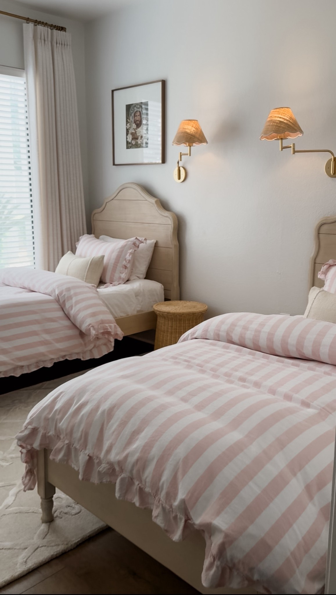 Shared girls room decor🤍

Twin beds, shares room, wall sconce, battery bulb, bow rug, rufflw bedding, wooden bed, kids bed, organic bedding

#LTKKids #LTKHome