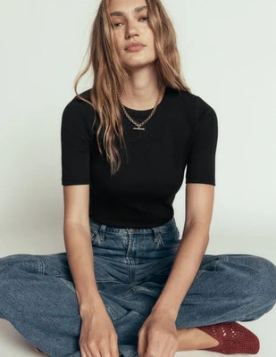 Boden Women's Ribbed Cotton T-Shirt in Black | Size 6 | Boden UK