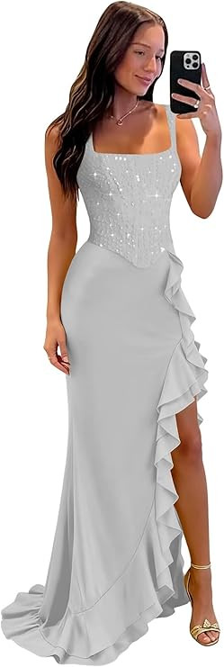 Jicht Sparkly Sequin Prom Dresses for Women Mermaid Drop Waist Evening Gown Ruffled Slit JAC013 | Amazon (US)