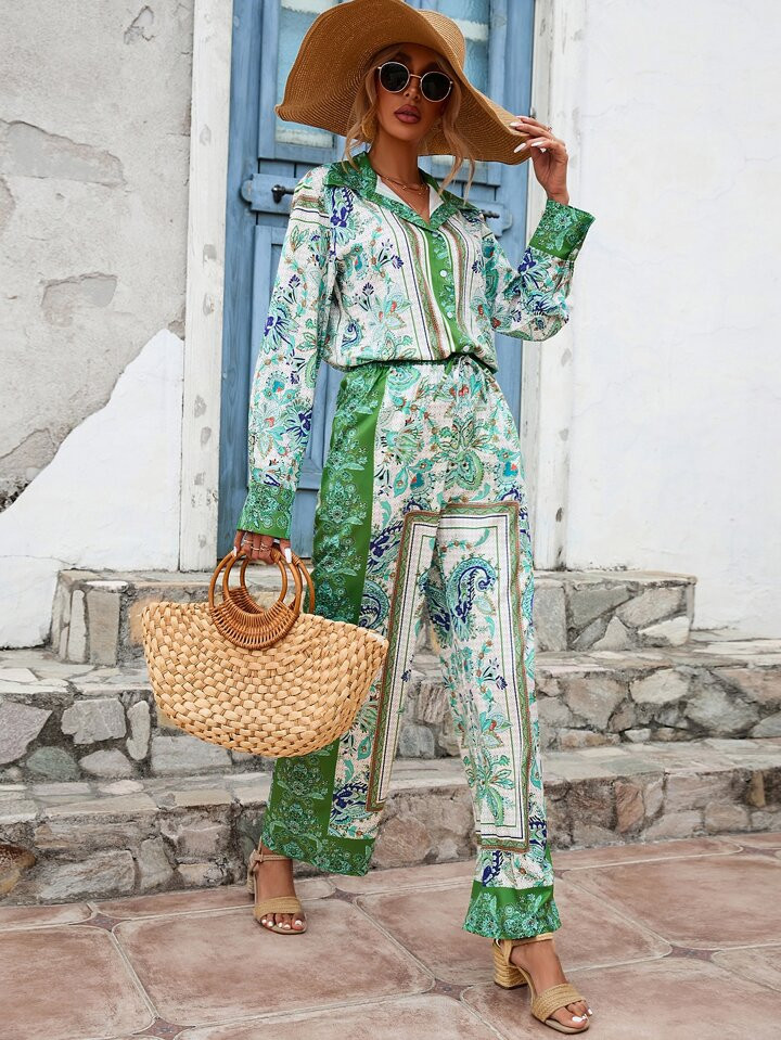 SHEIN VCAY Scarf Print Button Front Shirt & Wide Leg Pants | SHEIN