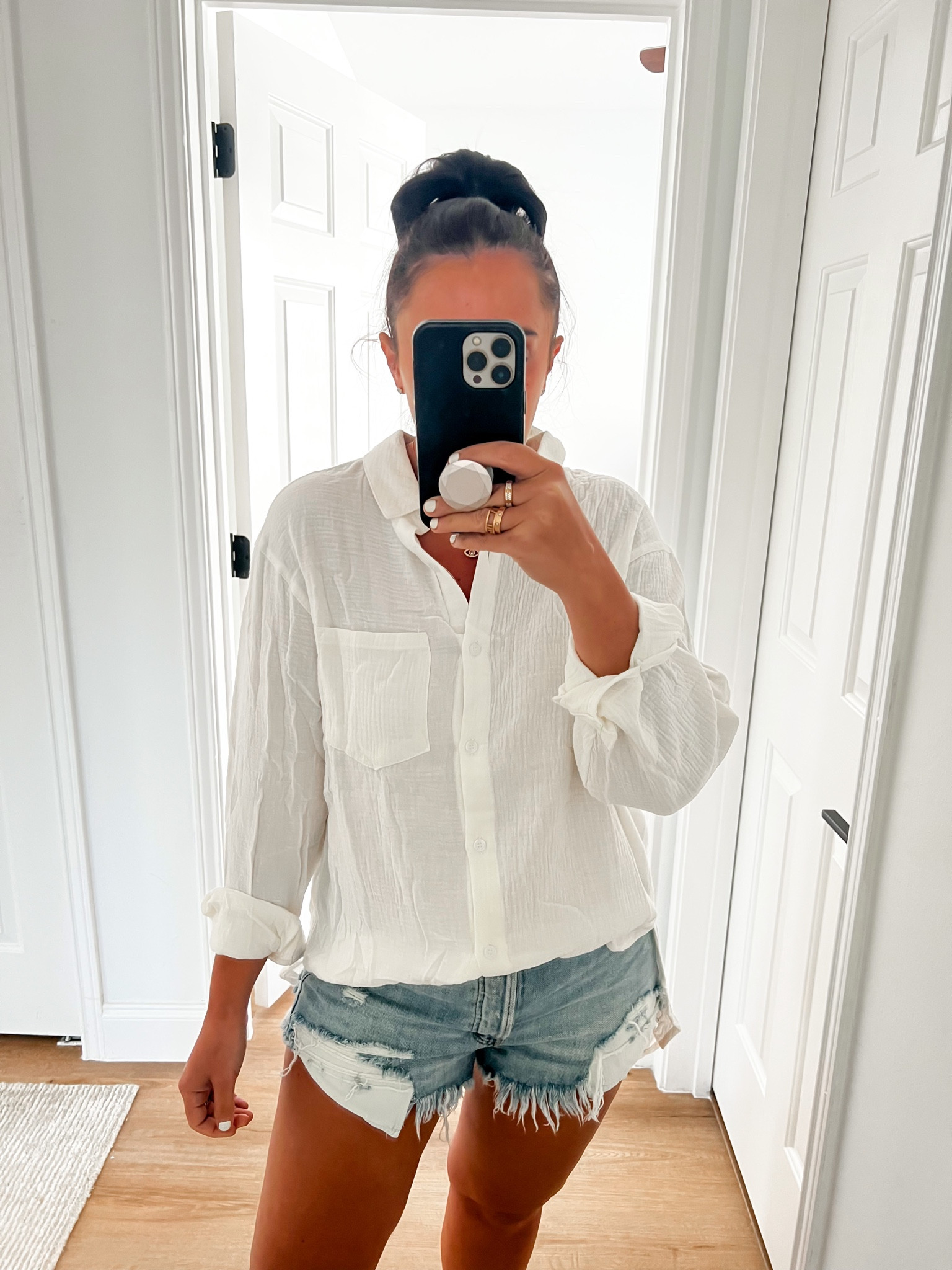 Red Dress The Grass Is Greener White Gauze Top wearing size small. Free People Women's Short Loving Good Vibrations Shorts wearing size 28