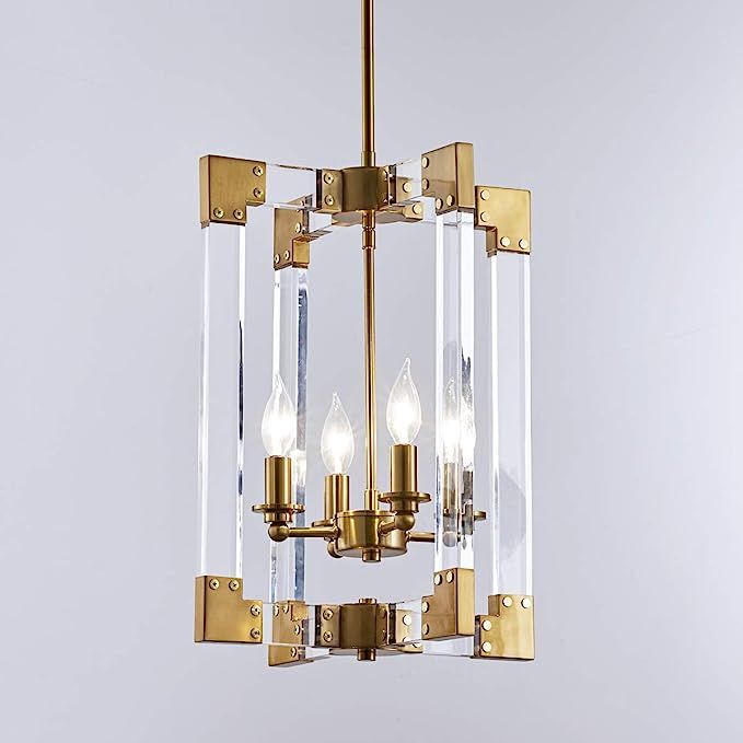 Hanging Pendant Light Fixture-4 Light Rectangle Clear Brass Modern Chandelier Square Pendant Ligh... | Amazon (US)