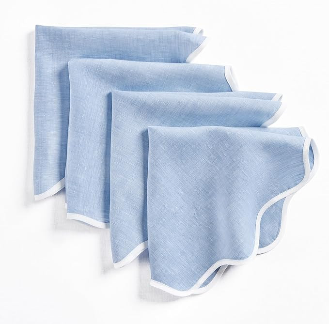 Solino Home Linen Scallop Cloth Napkins Set of 4-100% Pure Linen White and Chambray Blue Dinner N... | Amazon (US)