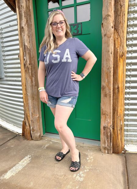 Not a bad candid from my 5 year old! Happy Independence Day/4th of July Weekend! We enjoyed celebrating in style at Jellystone, glamming in a converted silos. 
My USA shirt and Americana headband is what I’m heading home in, ready to continue celebrating in style. 

OOTD GRWM

Sandals and linked shorts are TTS; linked shirt is mens and TTS. My sizes are in my profile for reference. 

#LTKSeasonal #LTKstyletip #LTKshoecrush