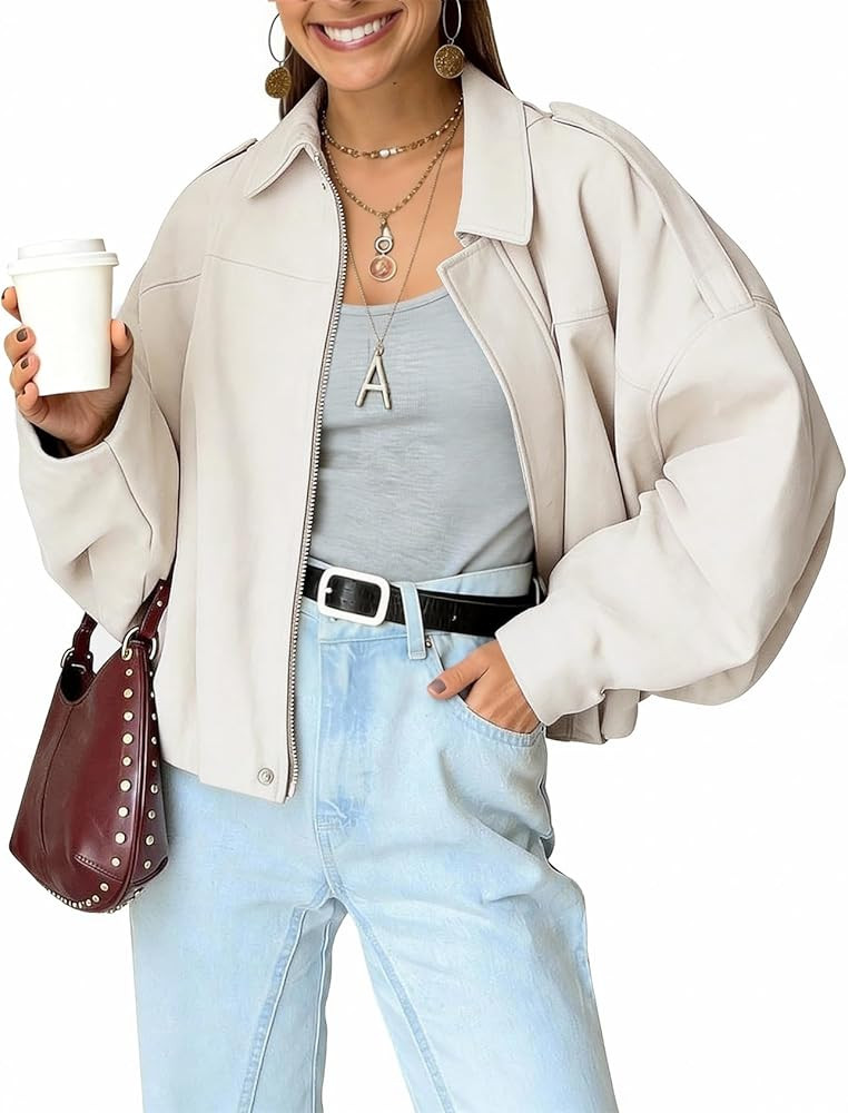 Kissonic Womens Faux Suede Bomber Jacket Oversized Batwing Long Sleeve Zip Up Cropped Coat Street... | Amazon (US)