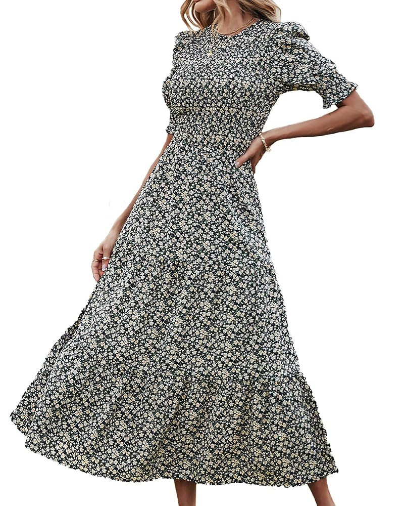 BTFBM Women Casual Summer Dresses 2025 Spring Crew Neck Ruffle Short Sleeve Floral Print Smocked ... | Amazon (US)