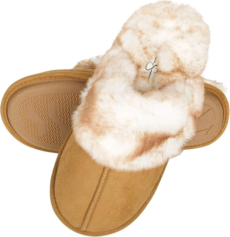 Jessica Simpson Women's Comfy Faux Fur House Slipper Scuff Memory Foam Slip on Anti-skid Sole | Amazon (US)