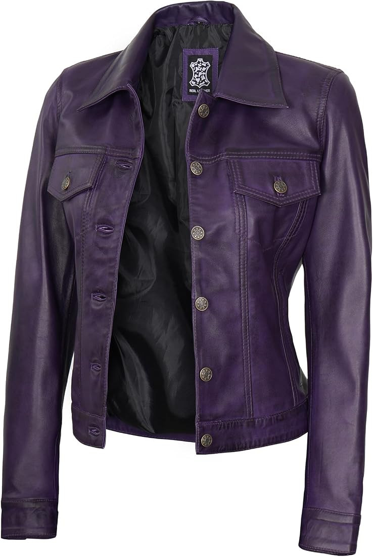 Decrum Leather Trucker Jacket Women - Trendy Real Lambskin Vintage Style Womens Leather Jacket | Amazon (US)