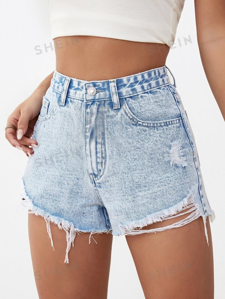 SHEIN EZwear Ripped Raw Hem Denim Shorts | SHEIN
