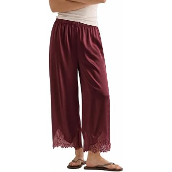 Tankaneo Womens Silk Satin Lace Trim Pants Wide Leg Elastic Pajama Pants | Amazon (US)