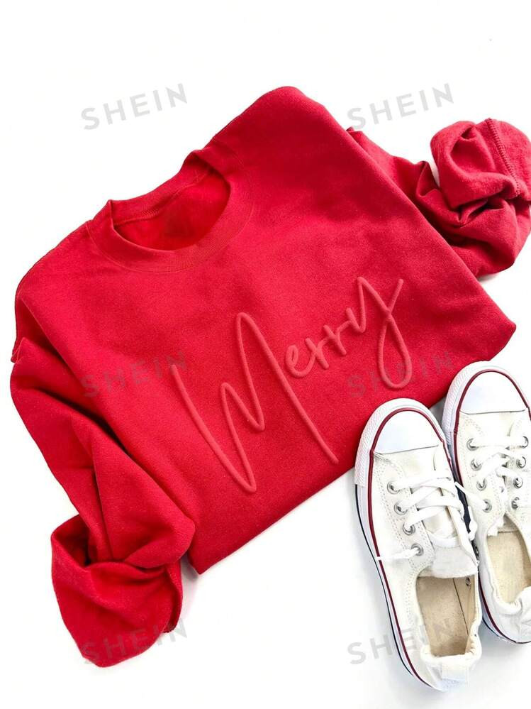 SHEIN EZwear Women's Letter Embossed Crew Neck Fleece Lined Loose Casual Sweatshirt, Autumn/Winte... | SHEIN