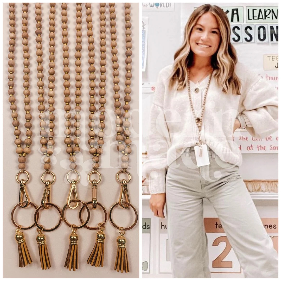 Medium Wood + Gold Teacher Lanyard, Rosewood Lanyard, Gold Beads, Wood Bead Lanyard, Wood and Gol... | Etsy (US)