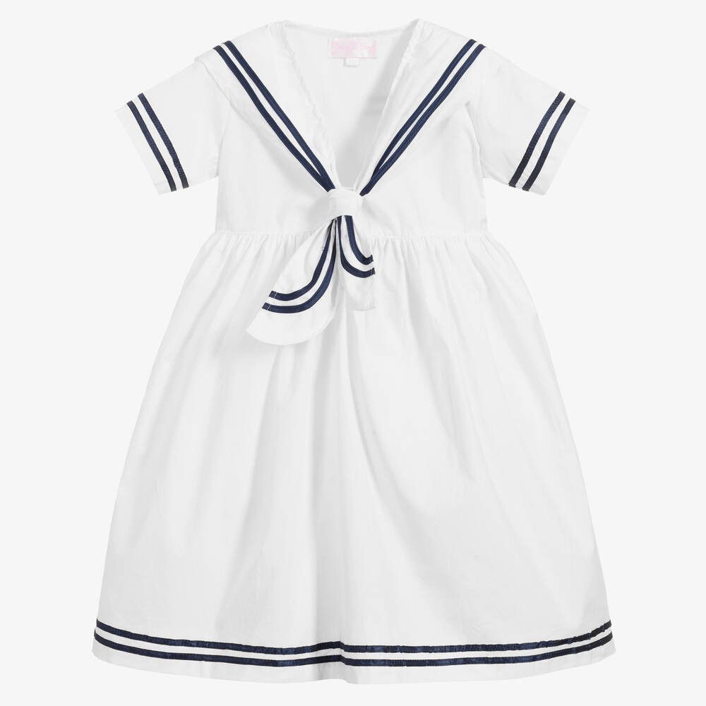 White Cotton Girls Sailor Dress | Childrensalon