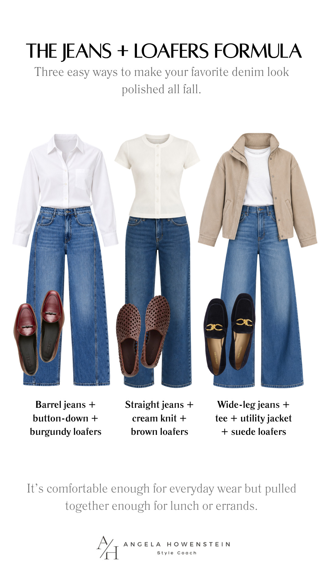 The jeans + loafers formula is one I come back to again and again! Start with your favorite denim, then switch between a crisp button-down, feminine knit, or casual jacket for three easy, polished outfits.

👩‍💻 LTK PRO TIPS
❤️ Heart = Support my posts ;-)
🔖 Save = Get sale & restock alerts for the things you love!
📋 Lists = Keep favorites organized (List ideas: Christmas, Birthdays, and Vacations!)
📲 Share = Send lists and products to a friend (or your daughters like me).
💬 Comment = Ask me anything, and I’ll answer. ;-) 

 #LTKootd #LTKSeasonal #LTKOver40