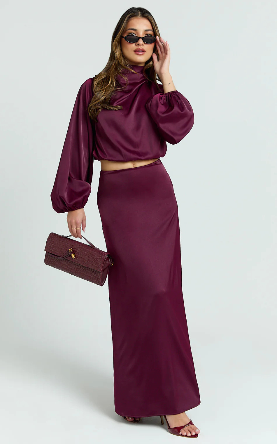 Tessie Two Piece Set - Long Sleeve Hight Neck Top and Maxi Skirt Set in Wine | Showpo (US, UK & Europe)