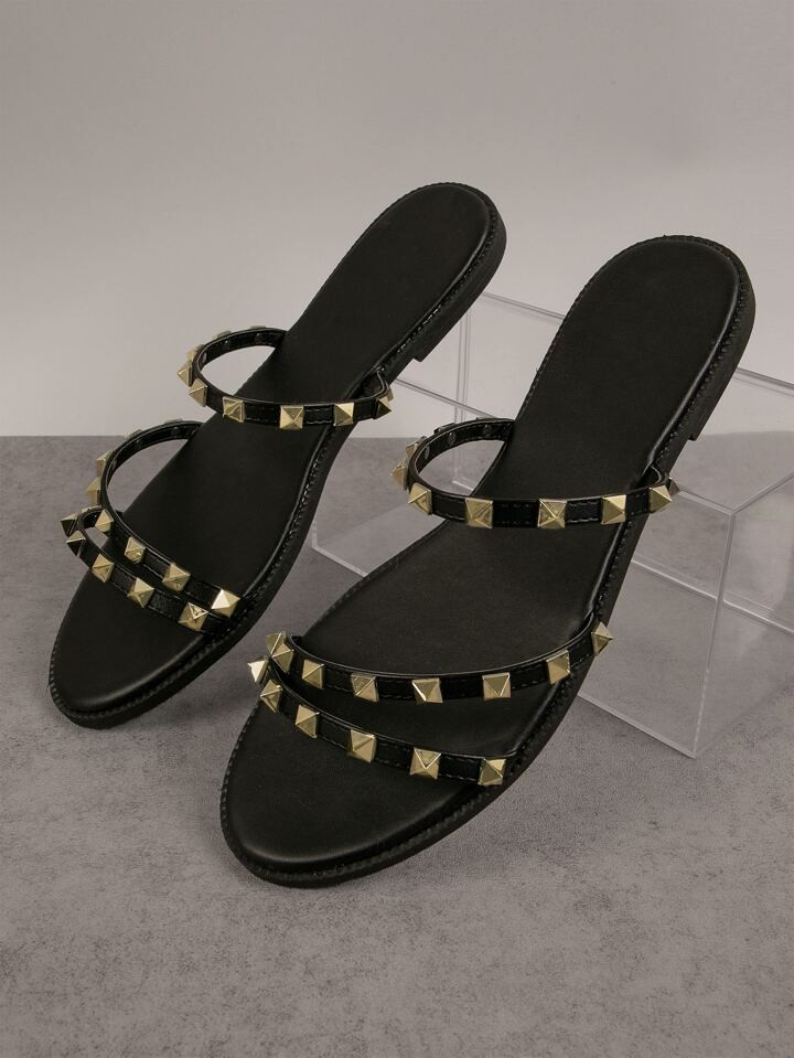 Studded Decor Slide Sandals, Punk Black Flat Sandals | SHEIN