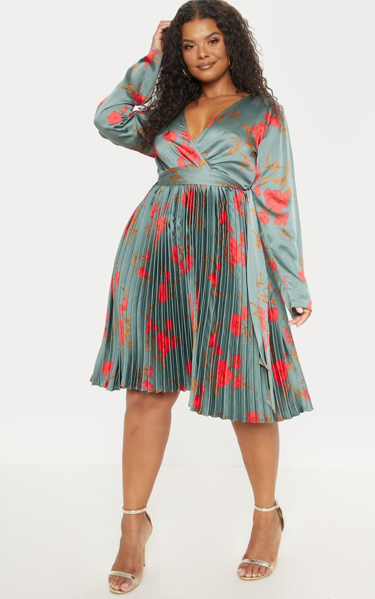 Plus Emerald Green Floral Long Sleeve Midi Dress | Plus Size | PrettyLittleThing US