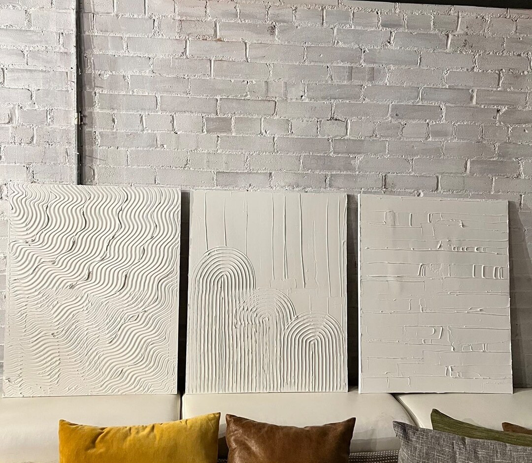 set of 3 textured minimalist art, beige textured abstract art, plaster wall art, white minimalist... | Etsy (US)