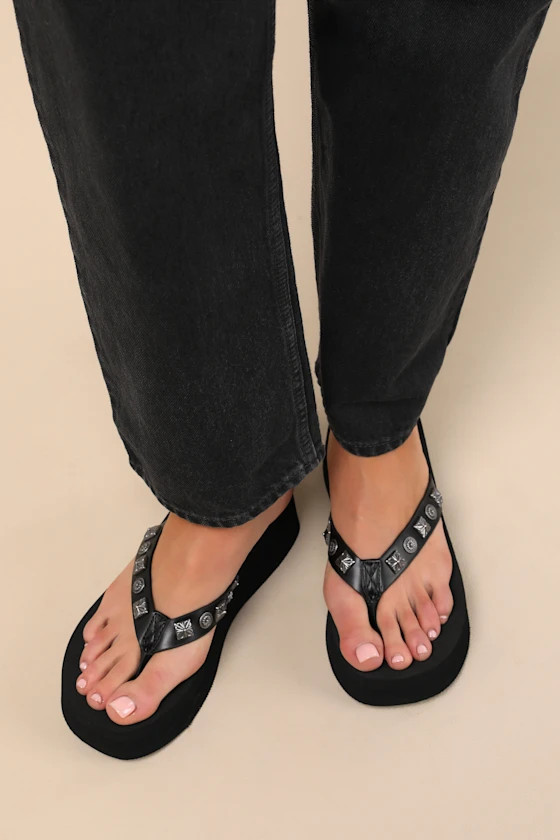 Skyscraper Black Studded Platform Thong Sandals | Lulus