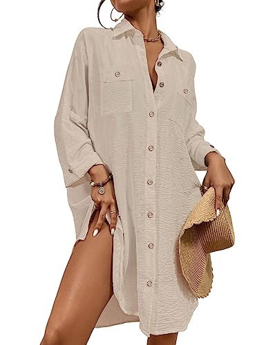 Bsubseach Womens Modern Swimsuit Cover Up Blouse Button Down Shirt Dresses Tops Apricot M | Amazon (US)