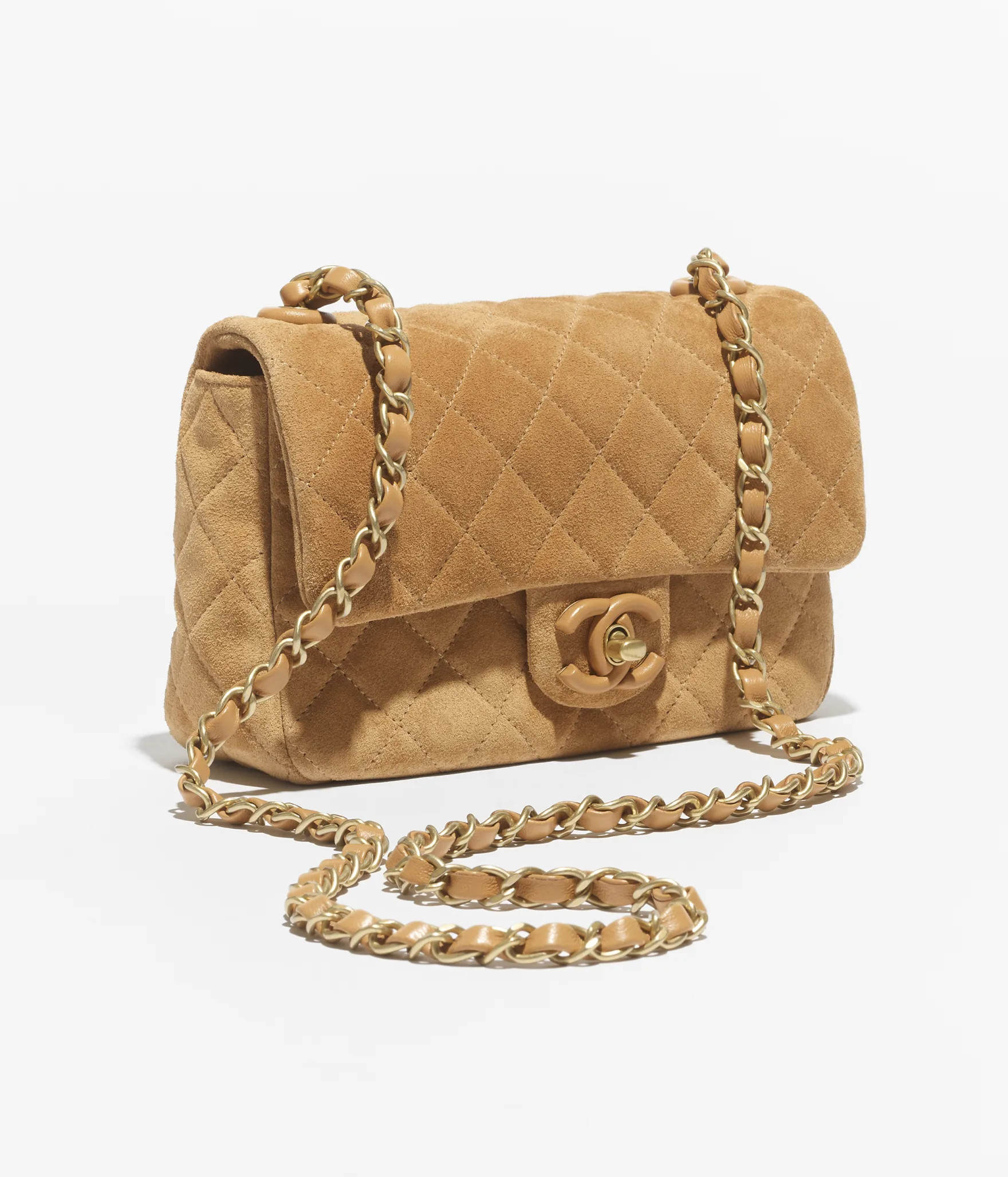 Mini flap bag, Suede calfskin, lambskin & gold-tone metal , dark beige — Fashion | CHANEL | Chanel, Inc. (US)