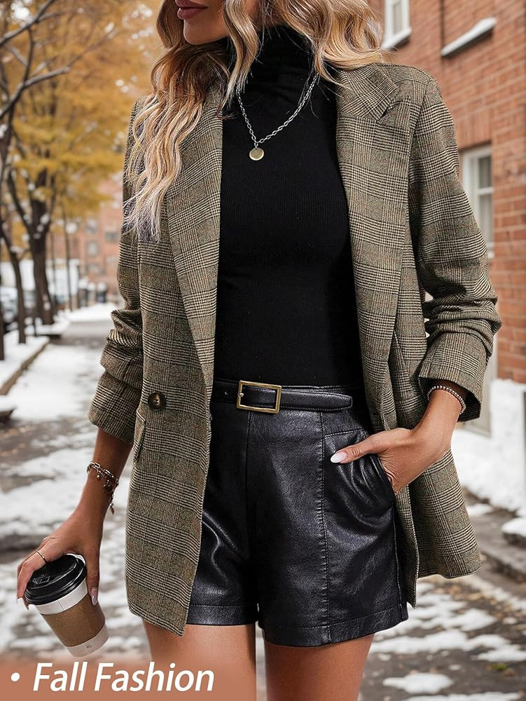 Mina Self Women's 2026 Spring Plaid Houndstooth Blazer Jacket - Fully Lined Button Lapel Casual W... | Amazon (US)