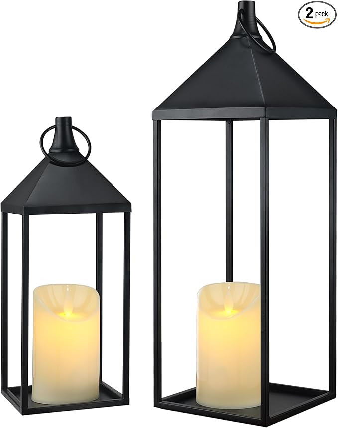 17" 13" Modern Farmhouse Candle Lantern Decor Set of 2 Black Metal Candle Lanterns with Flameless... | Amazon (US)