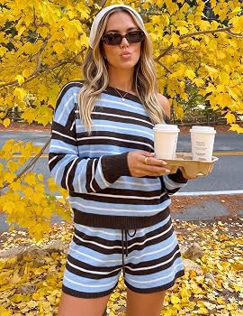 ZESICA Women's 2 Piece Striped Casual Long Sleeve Sweater Shorts Sets | Amazon (US)
