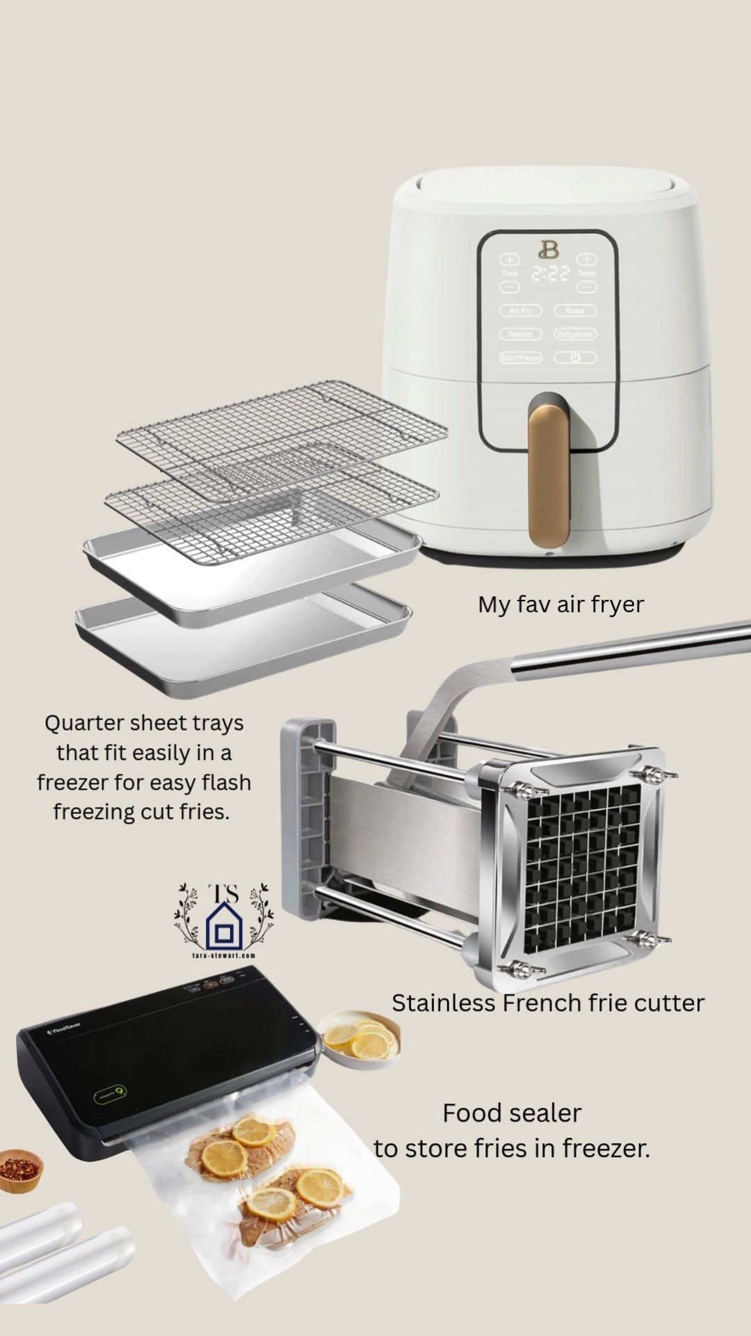 Have you read the label recently on your frozen French fries? So much healthier to make your own & so easy. This stainless French fry cutter is made very well. I love these stainless quarter sheet trays that fit perfectly in a freezer for quick flash freezing before putting into food saver bags. When ready to cook I spray the fries with olive oil, season and cook in my fav air fryer  

#LTKHome #LTKFamily