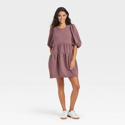 Women&#39;s Balloon 3/4 Sleeve Quilted Dress - A New Day&#8482; Mauve S | Target