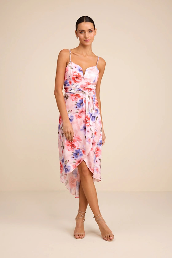 My Favorite Day Light Pink Floral Print Tulip Skirt Midi Dress | Lulus